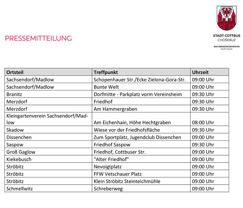 die Treffpunkte für den Herbstputz in den Ortsteilen - © Stadt Cottbus/Chóśebuz