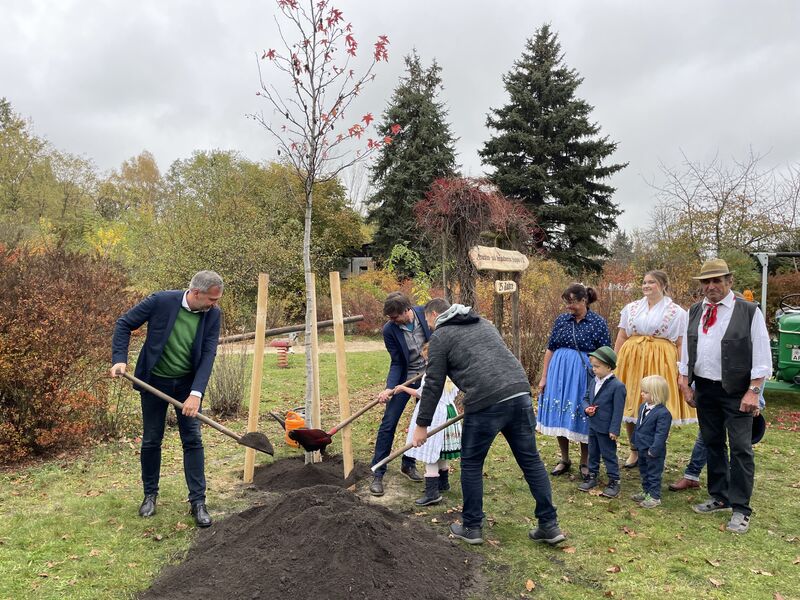 In Saspow pflanzten Ortsbeirat (Vorsitzender Armin Thiel), Trachten- und Heimatverein und Jan Philipp vom Sponsor Enertrag sowie OB Tobias Schick auf dem Spielplatz.