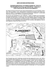 Eine amtliche Bekanntmachung zum Bebauungsplan „Sondergebiet Forschung und Entwicklung“ Teilbereich 1 mit Lageplan für Cottbus und BTU-Senftenberg.