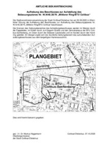 Eine amtliche Bekanntmachung der Stadt Cottbus/Chóśebuz zeigt die Aufhebung des Bebauungsplans „Mittlerer Ring/BTU Cottbus“ mit Lagekarte.