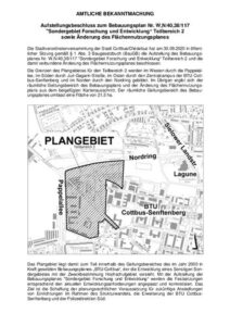 Amtliche Bekanntmachung zum Bebauungsplan „Sondergebiet Forschung und Entwicklung“ Teilbereich 2 mit Plangebietskarte in Cottbus an der BTU.