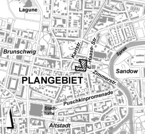 Grauer Lageplan zum Bebauungsplan für die Feuer- und Rettungswache II an der Ewald-Haase-Straße in Brunschwig, Cottbus, mit markiertem Plangebiet.