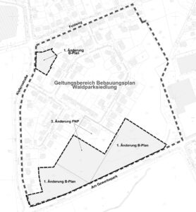 Kartenausschnitt zum Geltungsbereich des Bebauungsplans Waldparksiedlung in Gallinchen mit 1. Änderung B-Plan und 3. Änderung FNP in Cottbus/Chóśebuz.