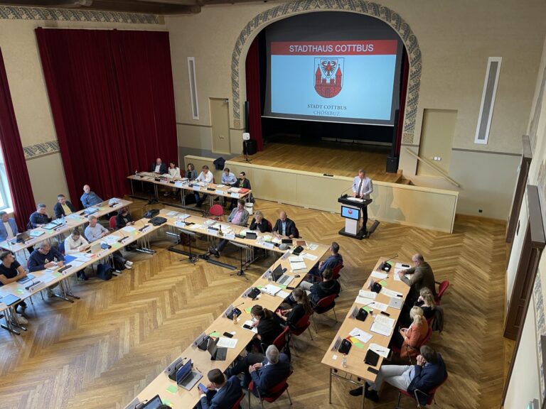 Im Stadthaus Cottbus/Chóśebuz tagt der Stadtrat, während Rex Linn am Rednerpult spricht und Aditi Ashok sowie Baby LeRoy im Saal sitzen.