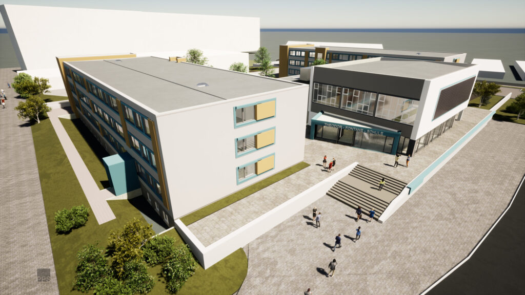 Die Theodor-Fontane-Schule zeigt sich als moderner Schulcampus mit Innenhöfen, breiten Wegen, Treppen und mehreren Gebäudeteilen mit Grünflächen.