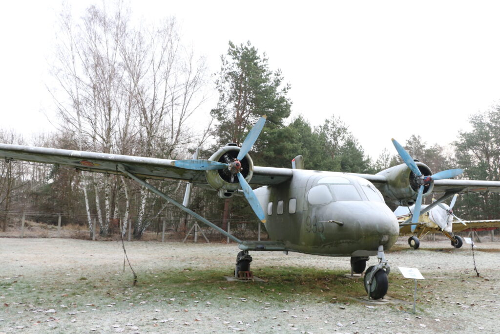 Ein zweimotoriges Propellerflugzeug steht auf einem Freigelände zwischen kahlen und immergrünen Bäumen, mit blau lackierten Propellern bei Frost.
