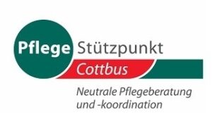 Das Logo des Pflegestützpunkts Cottbus zeigt neutrale Pflegeberatung und -koordination mit grünem Kreis und rotem Schriftzug.