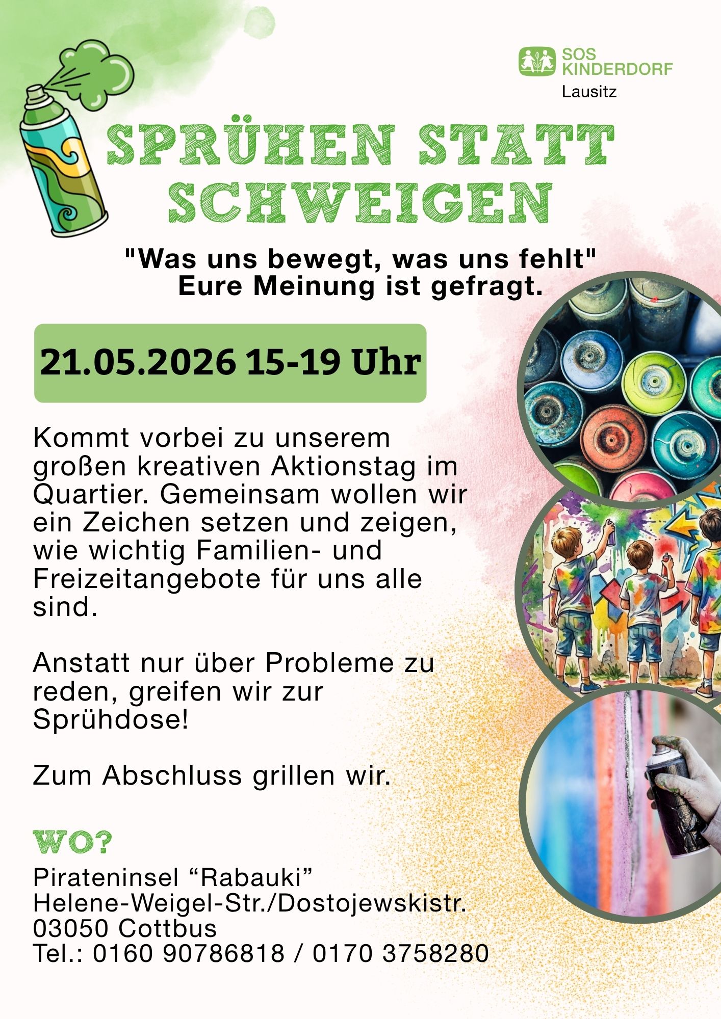 „Sprühen statt schweigen“ Kreative Beteiligungsaktion im Familientreff Sachsendorf/Madlow