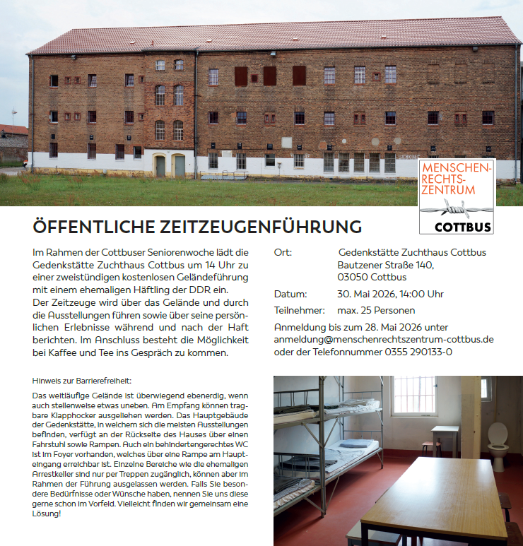 Zeitzeugenführung für Seniorinnen und Senioren durch die Gedenkstätte Zuchthaus Cottbus