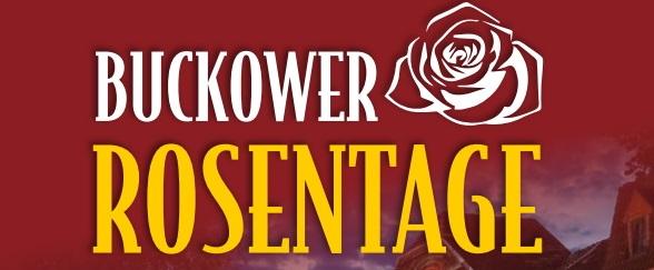 Vor rotem Hintergrund steht das Logo der 60. Buckower Rosentage mit weißer Rose und gelber Schrift, passend zum Fest in Buckow im Juni 2026.