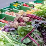 Auf dem Cottbuser Wochenmarkt in der Spremberger Straße liegen frisches Gemüse, bunte Rote Bete, Karotten und Kräuter in grünen Kisten am Stand.