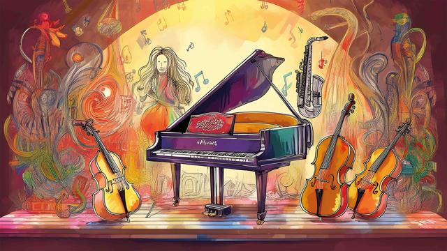 Vor dem Kleist Open Stage 3 stehen Flügel, Violinen und Saxofon zwischen bunten Noten und verspielten Linien auf einer musikalischen Bühne.
