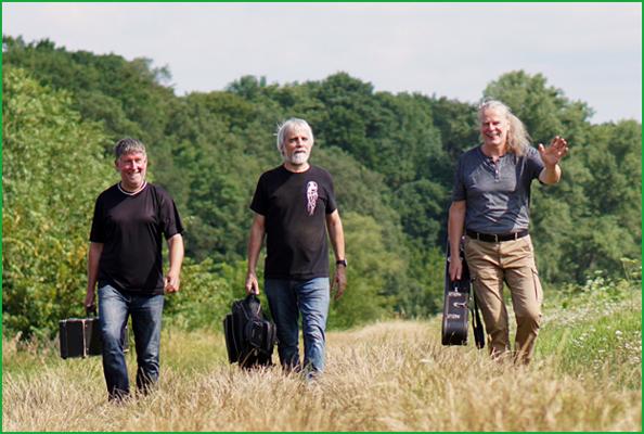 Drei Mitglieder von Greenpeckers gehen mit Instrumentenkoffern durch eine grüne Wiese vor einem Wald, passend zum Terrassenkonzert in Cottbus.