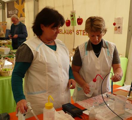 Bei den Wasser- und Bodenanalysen prüfen zwei Mitarbeiterinnen Proben am Tisch und bereiten Messungen für pH-Wert und Nährstoffe vor.
