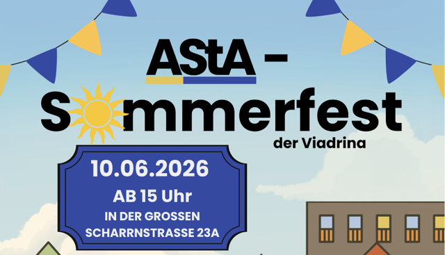 Zum AStA Sommerfest der Viadrina sind am 10.06.2026 ab 15 Uhr in der Großen Scharrnstraße 23A Musik, Sport und Familienangebote angekündigt.