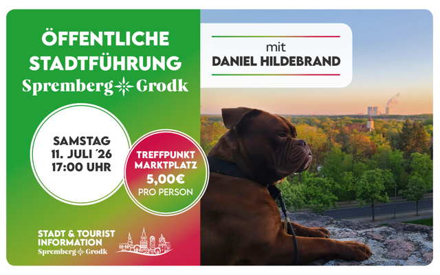 Bei der öffentlichen Stadtführung mit Daniel Hildebrand in Spremberg/Grodk werden Treffpunkt am Marktplatz sowie Termin und Preis gezeigt.