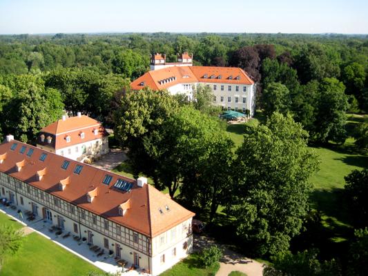 Über dem Schloss mit roten Ziegeldächern und viel Grün zeigt sich der Ort von Jazz im Schloss – Sommer-Swingladen in ruhiger Parkanlage.