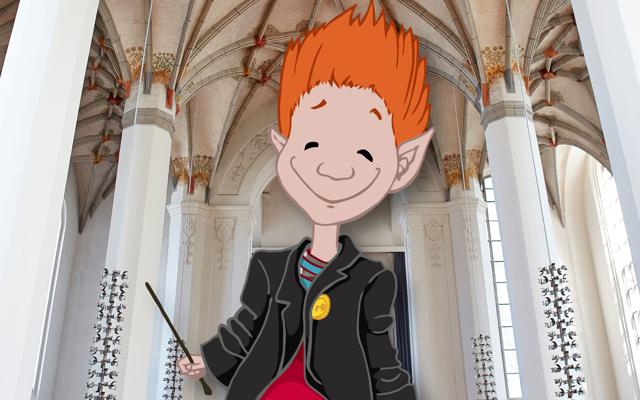 Im Koboldkonzert steht Oskar in schwarzer Jacke mit orangefarbenem Haar unter dem Gewölbe und kündigt die Holzpfeifer mit Oboe, Klarinette und Fagott an.