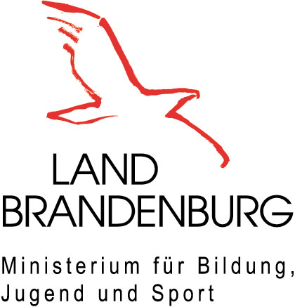 Logo von Land Brandenburg mit rotem Vogel und der Aufschrift „Ministerium für Bildung, Jugend und Sport“.