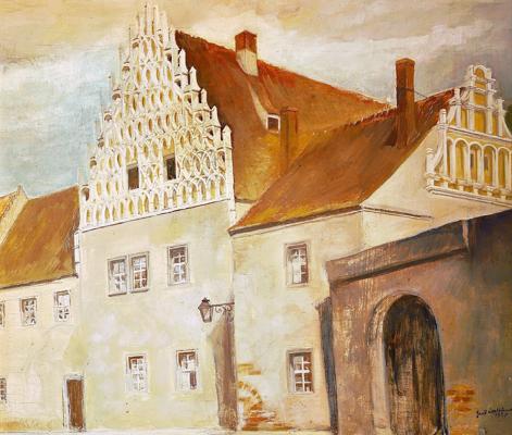 Zu der Hommage an Hans Kretschmann zeigt das Gemälde ein historisches Haus in Mühlberg mit hellem Putz, rotem Dach und reich verziertem Giebel.