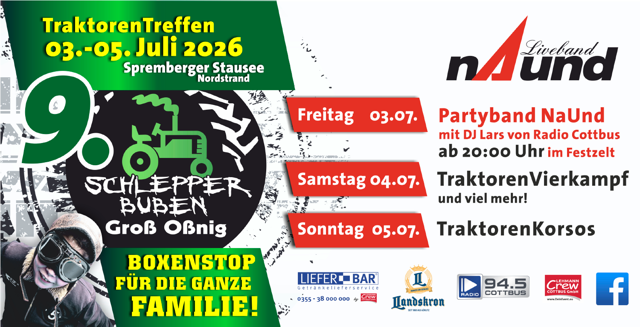 Beim 9. Schlepper Buben TraktorenTreffen am Spremberger Stausee stehen Traktoren-Vierkampf, Partyband NaUnd und Boxenstopp für die Familie an.