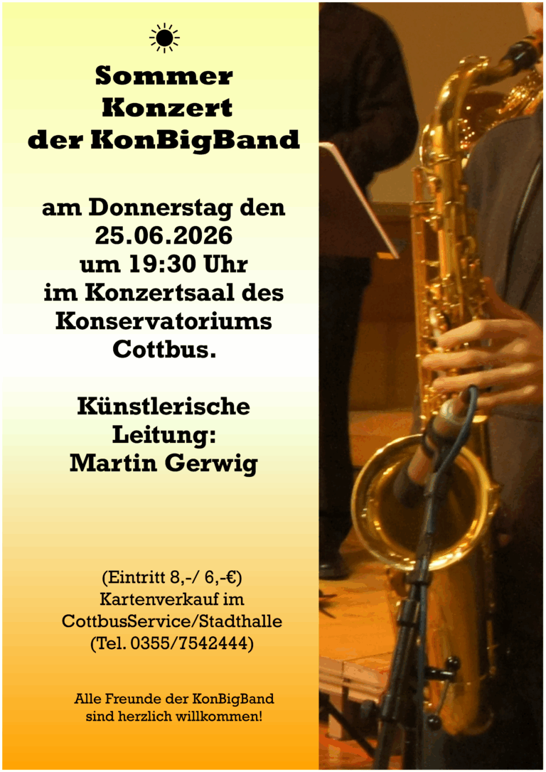 Auf dem Plakat zum Sommer Konzert der KonBigBand steht der 25.06.2026 um 19:30 Uhr, daneben spielt eine Hand ein goldfarbenes Saxophon.