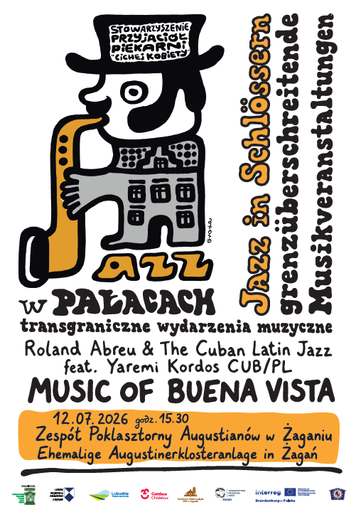 Plakat zu „Jazz in Schlössern“ mit Roland Abreu & The Cuban Latin Jazz feat. Yaremi Kordos, „Music of Buena Vista“ und Termin am 12.07.2026 in Żagań.