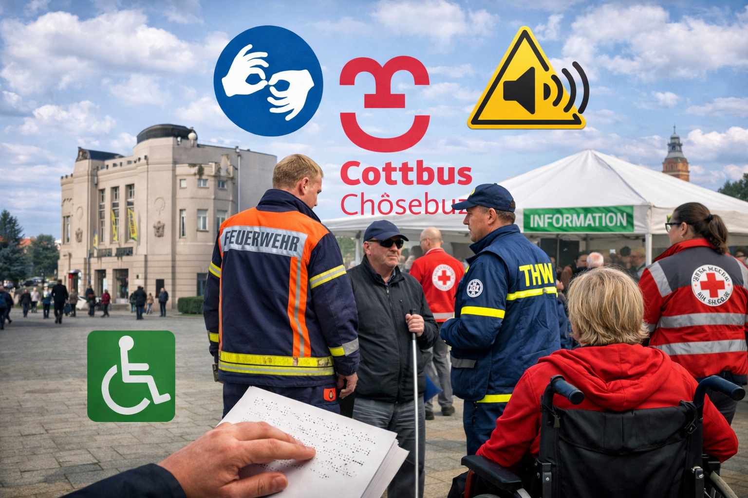 In Cottbus beraten Feuerwehr, THW und Rettungsdienste über barrierefreien Katastrophenschutz mit Gebärdensprache und Blindenschrift im Fokus.