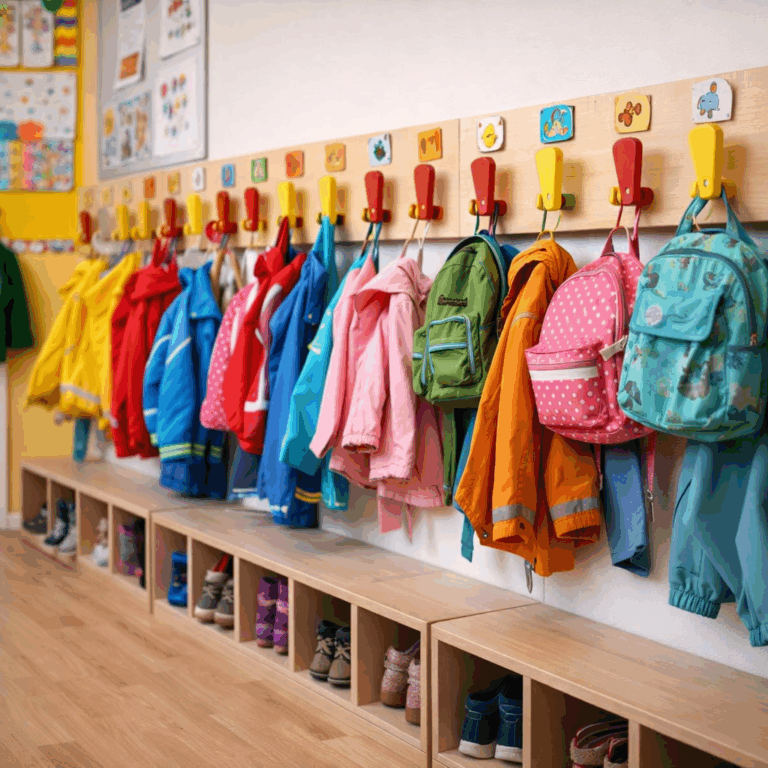 Bunte Jacken, Rucksäcke und Schuhe hängen und stehen in einem hellen Kindergarten-Garderobenraum.