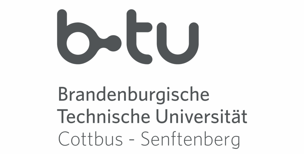 Graues BTU-Logo mit der Aufschrift Brandenburgische Technische Universität Cottbus - Senftenberg