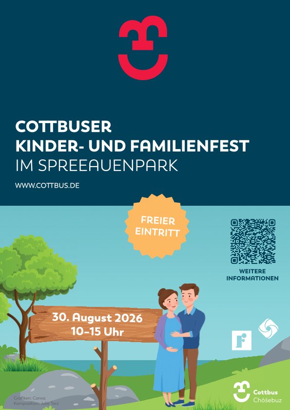 Plakat zum Cottbuser Kinder- und Familienfest im Spreeauenpark mit freiem Eintritt und Termin 30. August 2026.