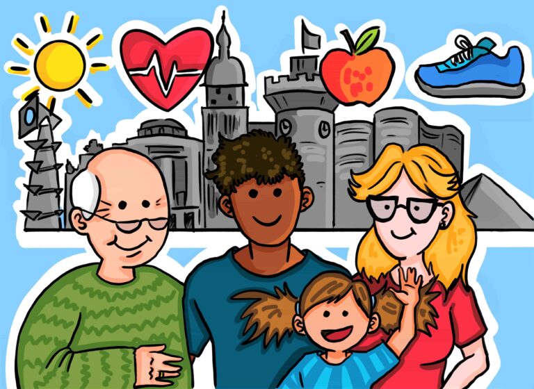 Eine Zeichnung einer multikulturellen Familie vor Cottbuser Silhouette