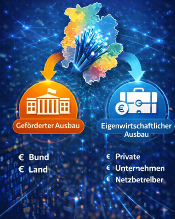 Grafik zum Glasfaserausbau: geförderter Ausbau (Bund/Land) und eigenwirtschaftlicher Ausbau (private Unternehmen) werden gegenübergestellt.