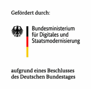 Logo des Bundesministeriums für Digitales und Staatsmodernisierung mit Bundesadler, Schwarz-Rot-Gold-Streifen und dem Vermerk des Deutschen Bundestages.