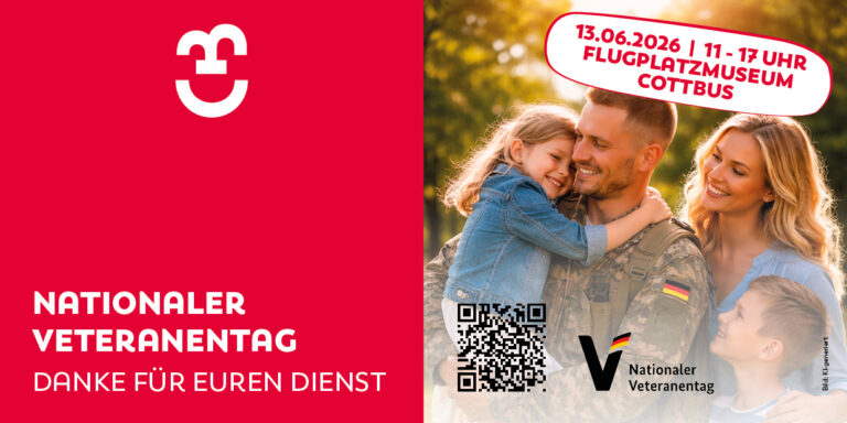Rote Aktionsgrafik zum Nationalen Veteranentag mit Familie, Bundeswehrsoldat, QR-Code und dem Termin 13.06.2026 im Flugplatzmuseum Cottbus.