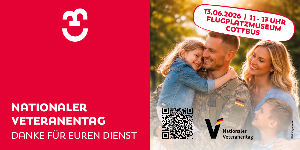 Rote Aktionsgrafik zum Nationalen Veteranentag mit Familie, Bundeswehrsoldat, QR-Code und dem Termin 13.06.2026 im Flugplatzmuseum Cottbus.
