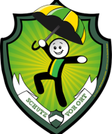 Wappenförmiges grünes Emblem mit lächelnder Figur unter Regenschirm und dem Schriftzug „SCHUTZ VOR ORT“.