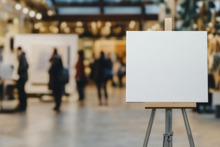Eine leere Leinwand steht auf einer Staffelei in einer hellen Ausstellungshalle, dahinter gehen unscharfe Personen.