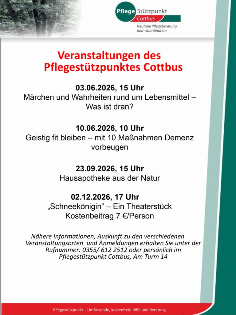 Veranstaltungsplakat des Pflegestützpunkts Cottbus mit Terminen 2026 und dem Theaterstück „Schneekönigin“ am 02.12.2026.