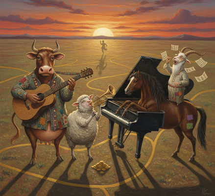 Eine Kuh spielt Gitarre, ein Schaf bläst Trompete und ein Pferd sitzt am Klavier in einer surrealen Szene nach Lew Tolstoi bei Sonnenuntergang.