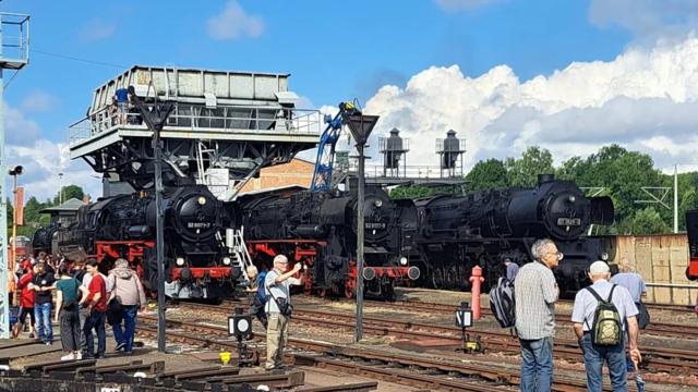 Mehrere historische Dampflokomotiven stehen auf Gleisen neben einem großen Rangierbau, während Besucher das Gelände erkunden.