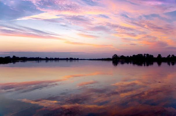 Am ruhigen See spiegeln sich rosa und orange Wolken, während am Horizont eine dunkle Baumreihe den Sonnenuntergang säumt.
