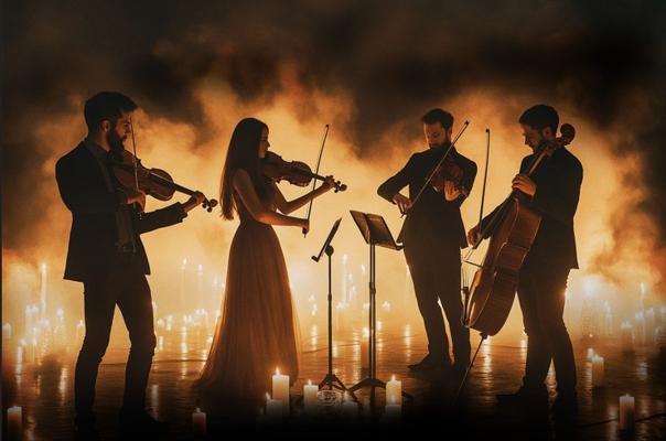 Vier Musiker eines Streichquartetts spielen Violinen, Viola und Cello vor dichtem Rauch und zahlreichen Kerzen.
