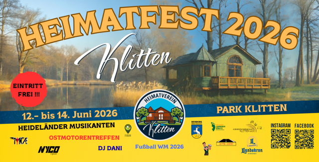 Buntes Plakat zum Heimatfest 2026 in Klitten mit Termin vom 12. bis 14. Juni, Park Klitten und Hinweisen zu Musik, Rummel, Motorentreffen und Kinderprogramm.