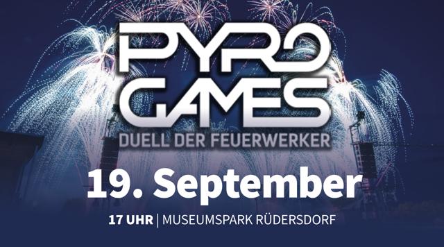 Plakat zu Pyrogames 2026 mit Feuerwerk am dunklen Himmel, Schriftzug „Duell der Feuerwerker“ und Termin 19. September.