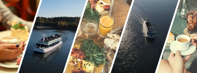 Ein Ausflugsboot fährt über den See, daneben sind Kaffee, Kuchen und ein gedeckter Tisch in einer Collage zu sehen.