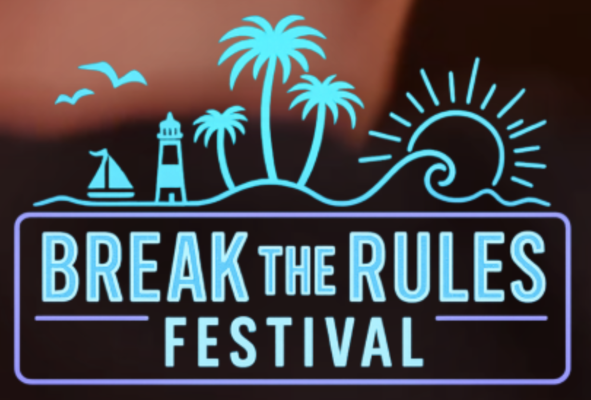 Das Neonmotiv zeigt „BREAK THE RULES FESTIVAL“ mit Palmen, Segelboot, Leuchtturm und stilisierter Sonne am Horizont.