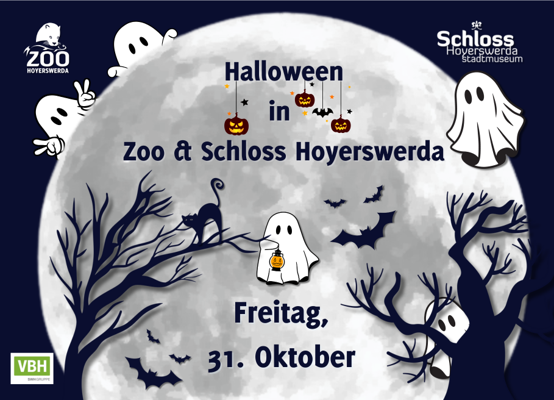 Vollmond, Geister und Fledermäuse umrahmen den Text „Halloween in Zoo & Schloss Hoyerswerda“ und „Freitag, 31. Oktober“.