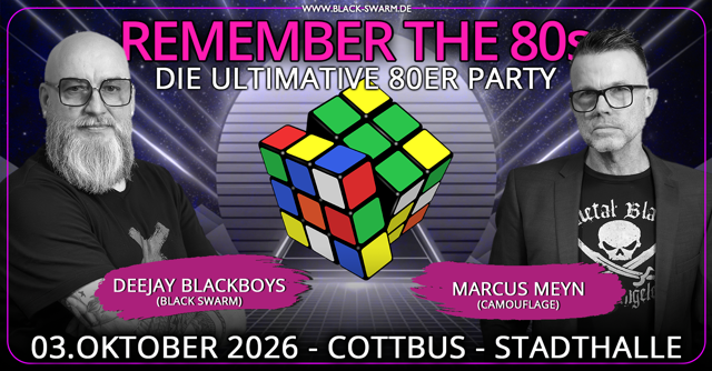 Plakat zur 80er-Party mit Rubik’s Cube, zwei Porträts und den Texten „REMEMBER THE 80s“ und „03. OKTOBER 2026“.