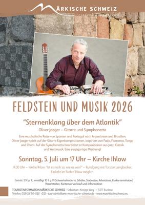 Das Plakat „Feldstein und Musik 2026“ kündigt „Sternenklang über dem Atlantik“ mit Oliver Jaeger in Ihlow an, der Gitarre und Symphonetta spielt.